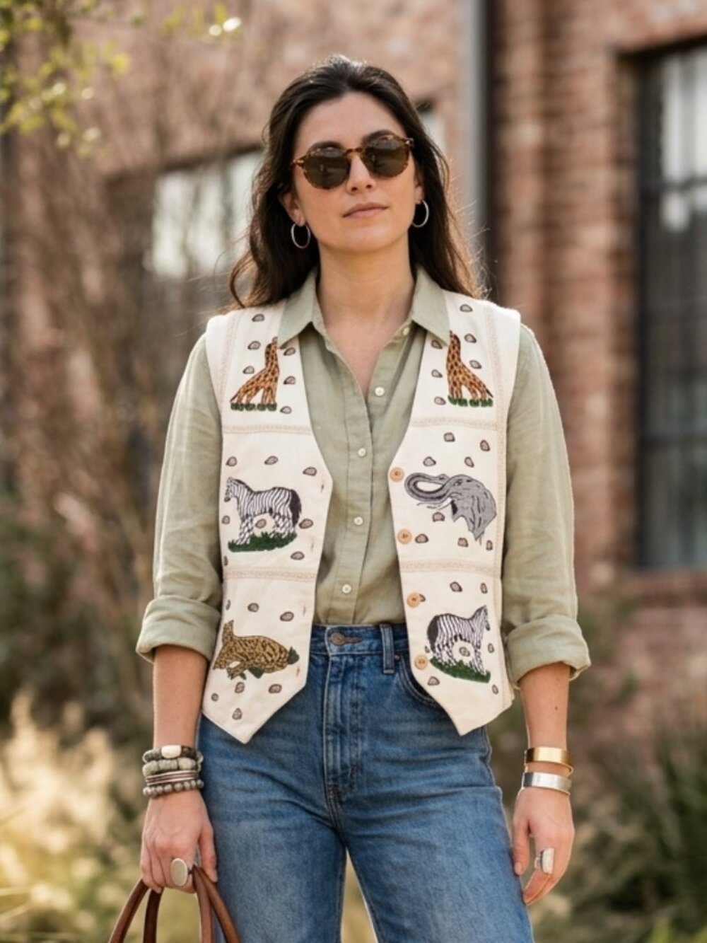 Vintage 90s Vest Safari Animal Embroidered Cream Cotton M Country RL Vibes
